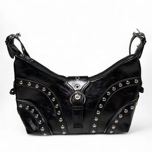 City Y2K Grunge Studded Eyelet Black Leather Crossbody Hobo Shoulder Bag Silver